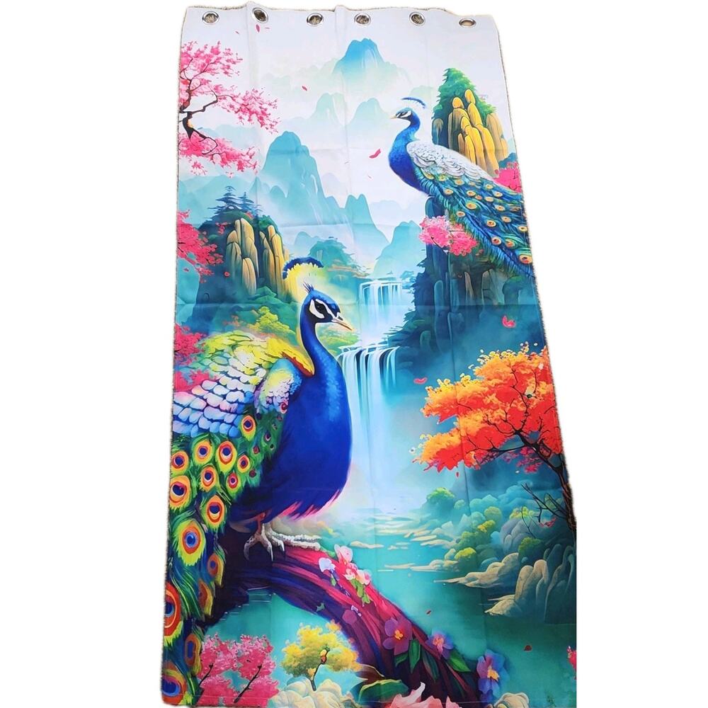 Colorful Peacock Waterfall Cherry Blossoms Curtain Set 2 Panels 42x84 Boho New